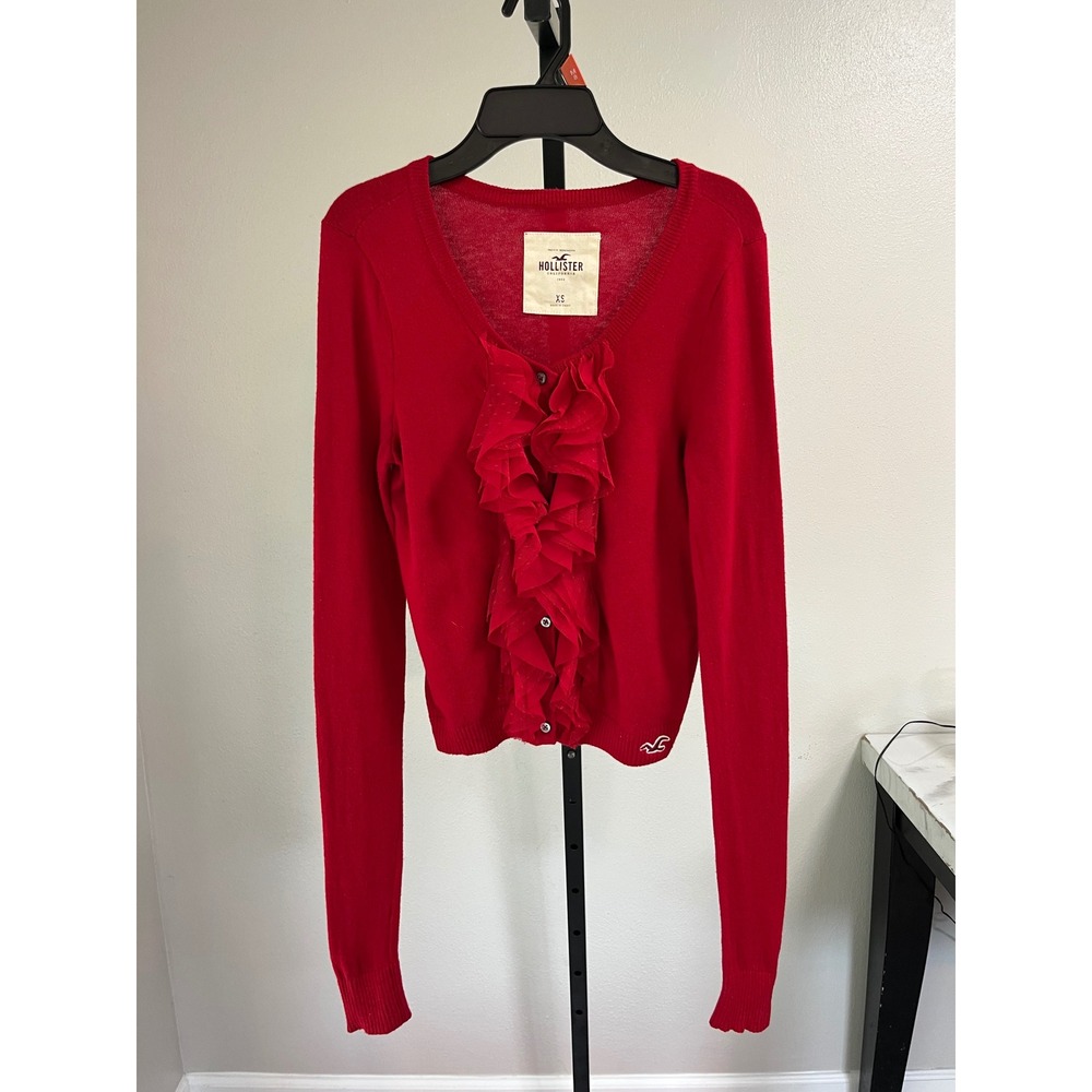 Hollister Red Ruffle Front Cardigan Sweater Y2K Mesh Trim XS 350297110